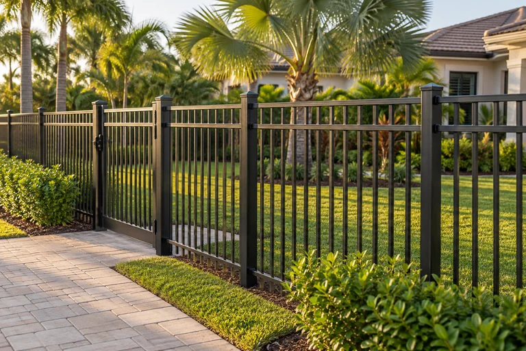Black aluminum picket fence and matching gate beside a residential garden.