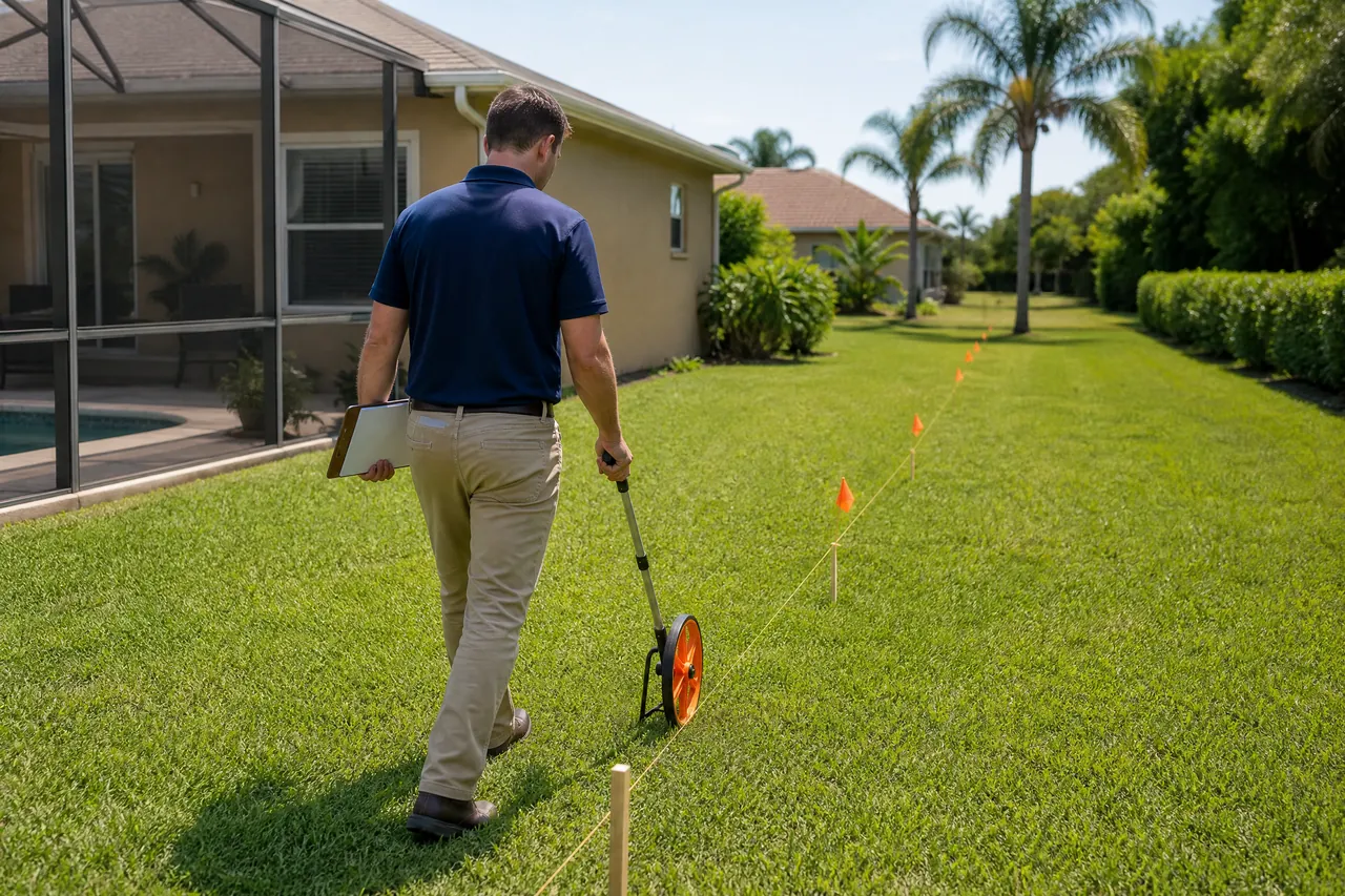 Fence estimator measuring a Port St. Lucie backyard for a written quote