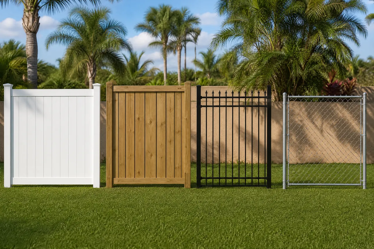 Vinyl, wood, aluminum and chain link fence samples side by side