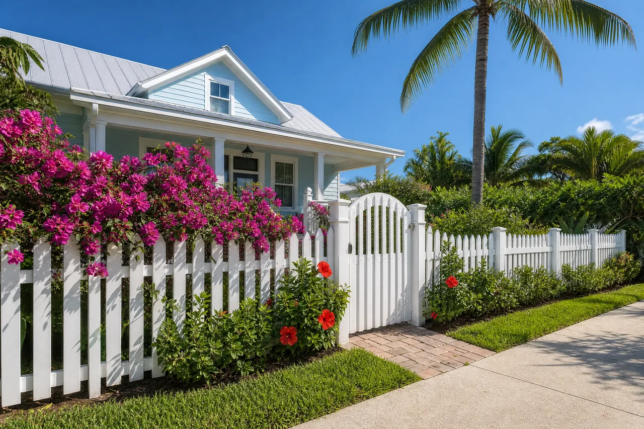 White vinyl picket fence with an arched gate in a Florida front yard