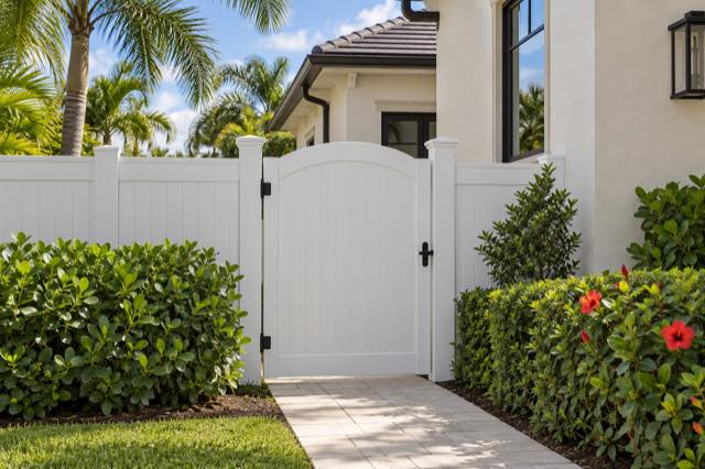 Arched vinyl walk gate beside a cream stucco home and paver path.
