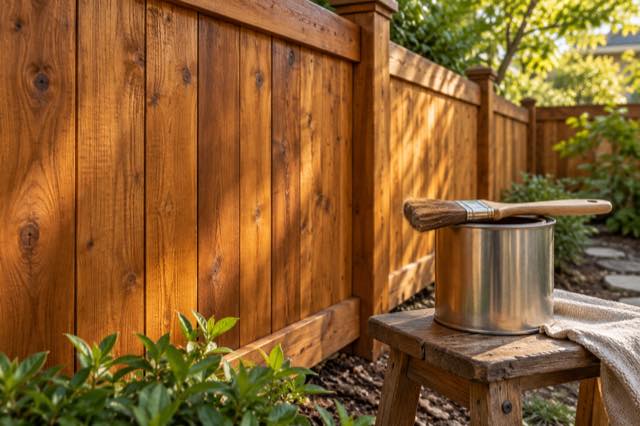 Cedar fence grain with a brush and unmarked finish tin nearby.