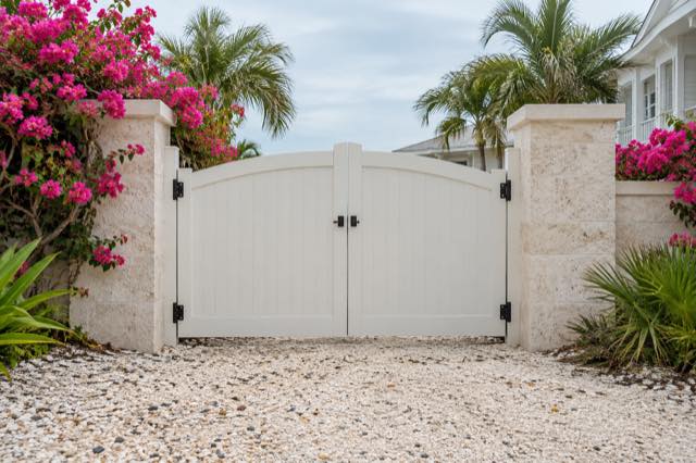 Off-white garden gate between masonry piers and flowering planting.