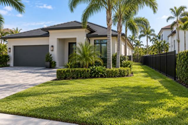 Black aluminum side-yard fencing coordinated with a newer stucco home.