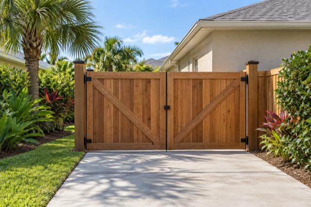Double cedar gates beside a clean stucco home and wide paved approach.