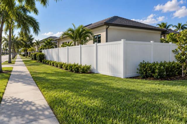 White vinyl fence corner beside a newer stucco home on a flat landscaped lot.