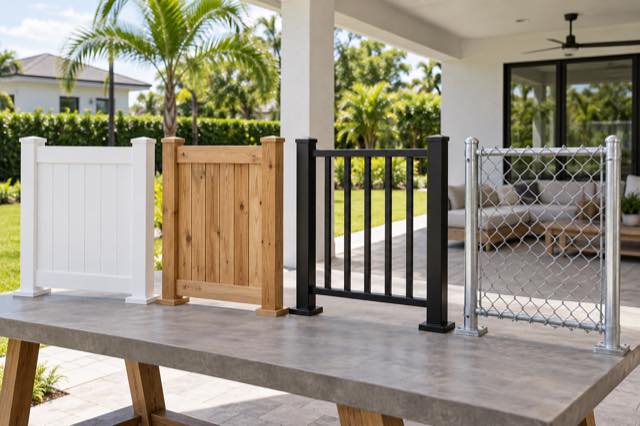 Four fence material samples on a worktable beside a South Florida lanai.