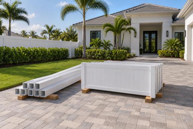 Vinyl fence materials staged neatly beside a newer Florida stucco home.