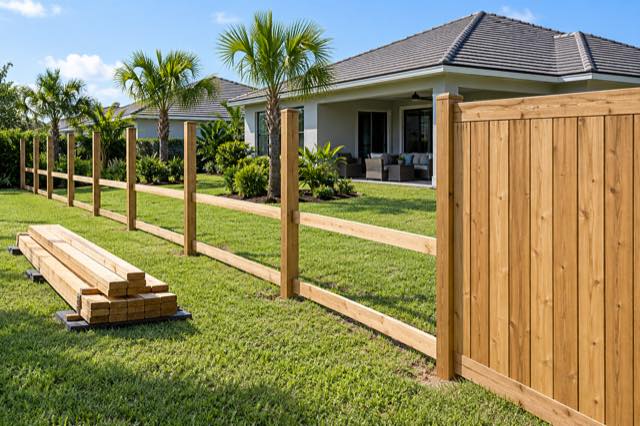 An orderly wood fence installation stage in a flat stucco-home backyard.