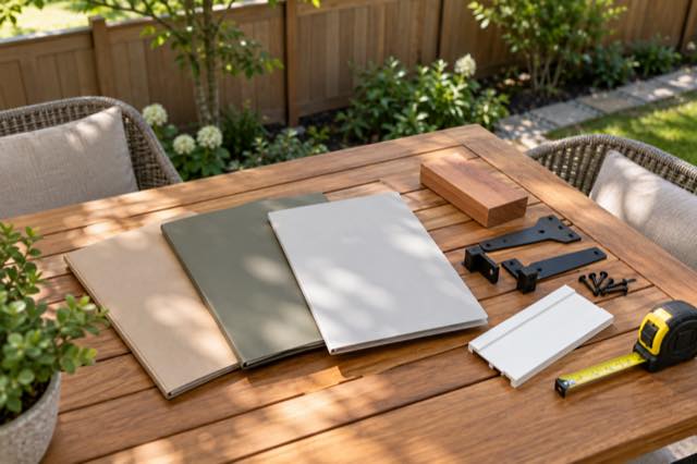 Blank proposal folders, fence material samples and gate hardware on an outdoor table.