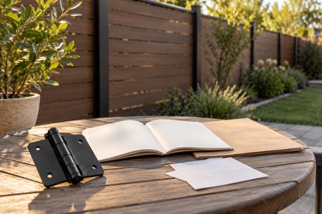 Plain project-record folders and gate hardware with a fence in the background.