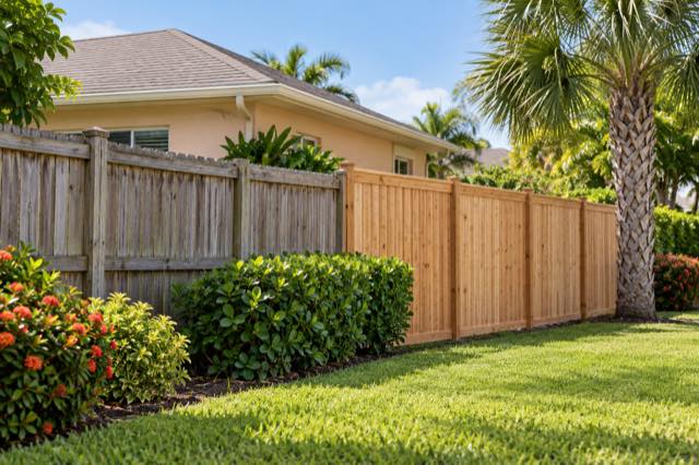Fresh cedar panels beside a tidy older wood fence in a flat South Florida yard.