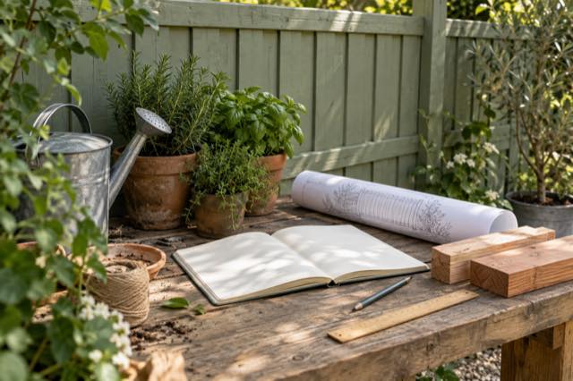 Garden notebook and fence samples on a potting bench beside a green fence.