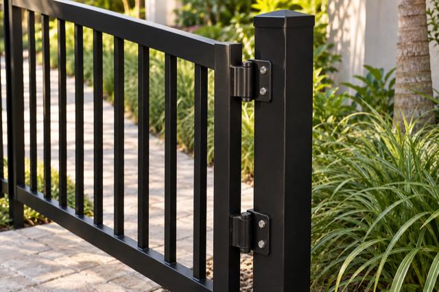 Black aluminum gate hinges and fasteners attached to a square post.