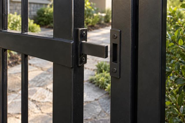 Black gate latch and strike plate showing a small alignment mismatch.