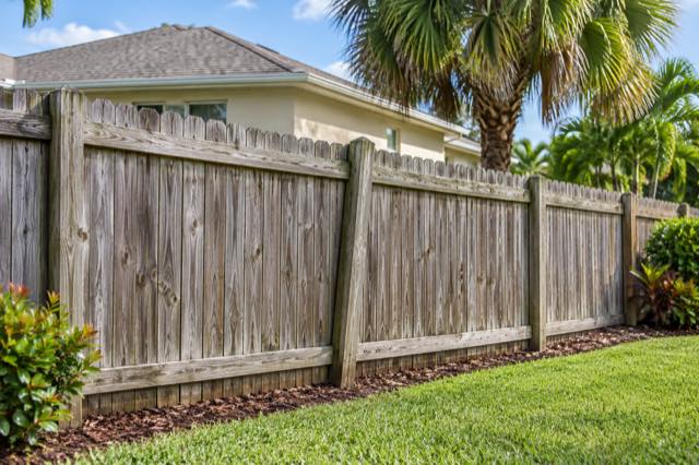 A slightly leaning wood fence post in a maintained Florida backyard.