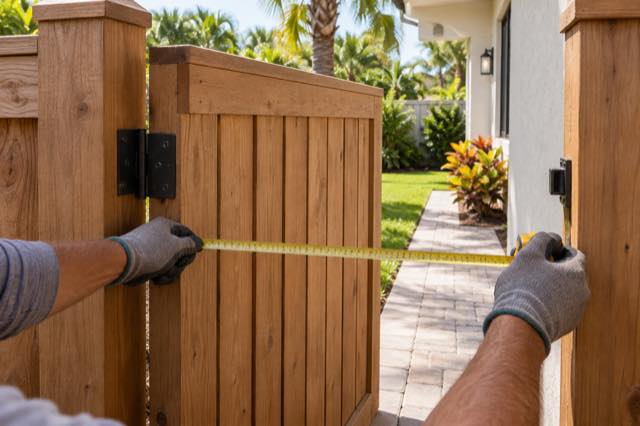Measuring a cedar gate opening beside a stucco home and paver path.
