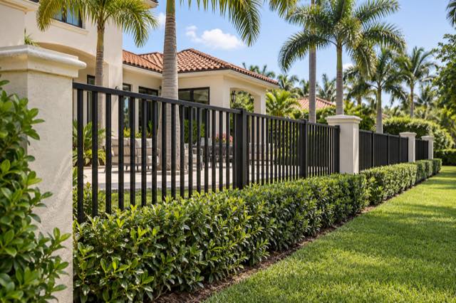 Black aluminum fencing with a tile-roof stucco residence and mature palms.