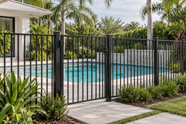 Closed aluminum gate and picket fence beside a residential swimming pool.