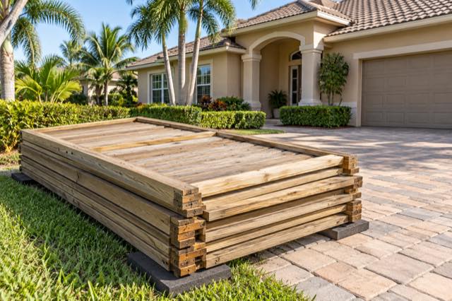 Removed wood fence panels stacked neatly beside a Florida paver driveway.