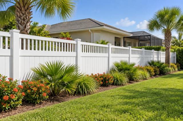 White vinyl panels with an open picket upper band beside a tropical lawn.
