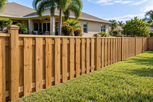 Alternating wood shadowbox boards beside a flat lawn and stucco home.