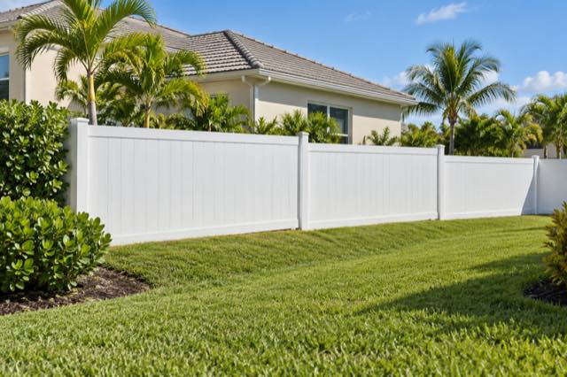 Vinyl sections following a gentle change in grade in a flat South Florida yard.