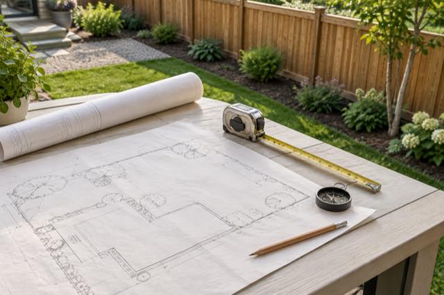 Property-layout sketch, rolled plans and measuring tools on an outdoor table.