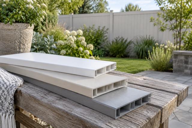White, sand and gray vinyl fence-board samples photographed in daylight.