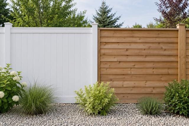 White vinyl and overlapping cedar sample fence bays in an illustrative display garden.