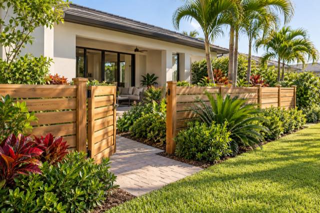 A low wood garden fence and paver path beside a contemporary South Florida home.