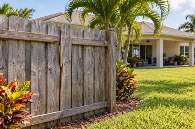 A weathered wood fence section beside a maintained stucco home and tropical garden.