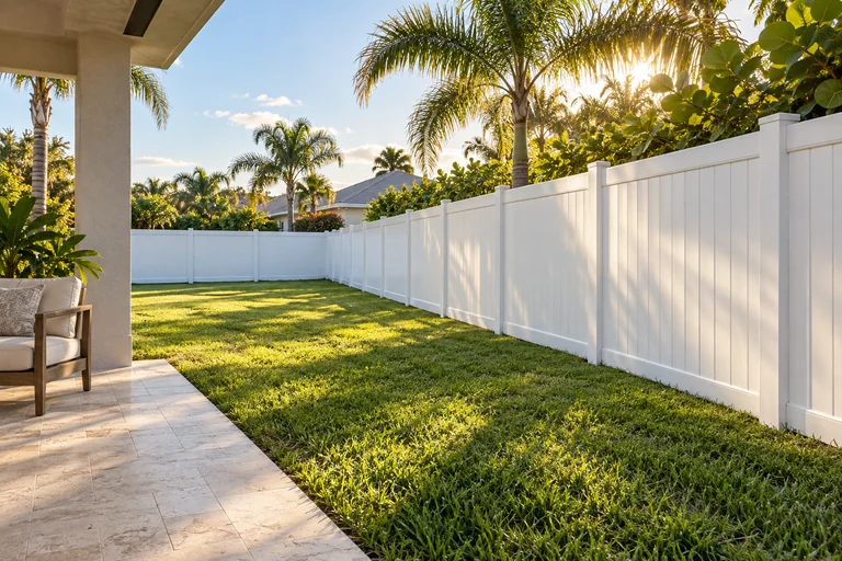 White vinyl privacy fence beside a lawn and patio.