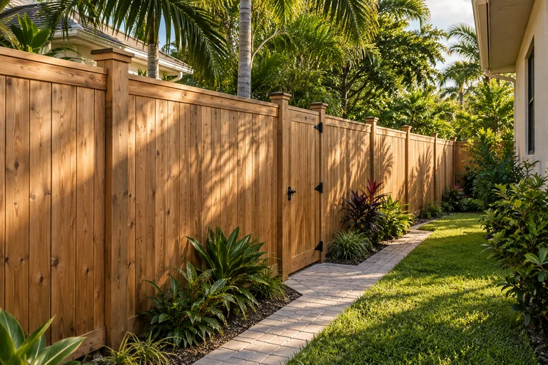 Natural wood fence and matching gate along a planted garden path.
